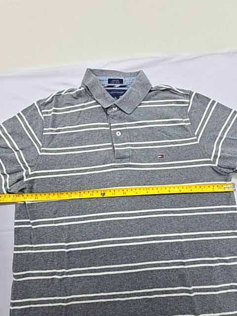 Tommy Hilfiger Men's Gray Striped Polo Shirt Size M Custom Fit Cotton