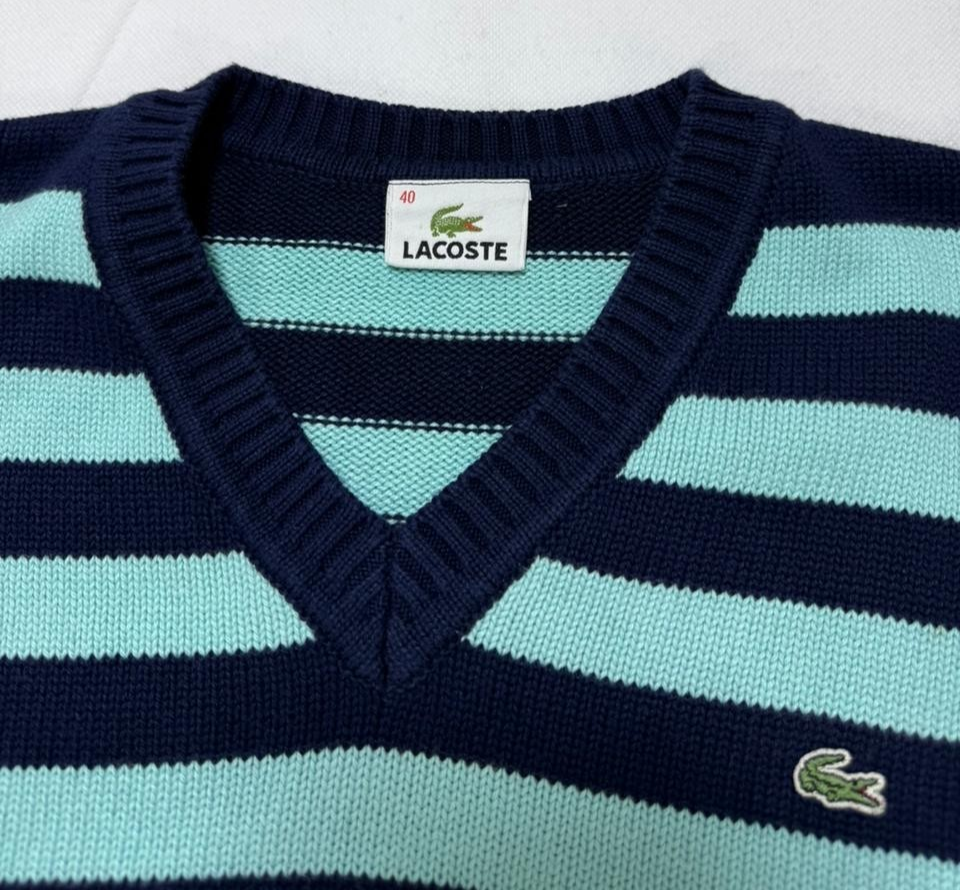 Lacoste V-Neck Sweater Striped Stripes Long Sleeve - Size 40