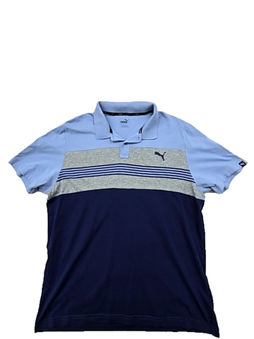 Puma Men's Striped Color Blocked Polo Shirt L Blue Navy Gray Short Sleeve