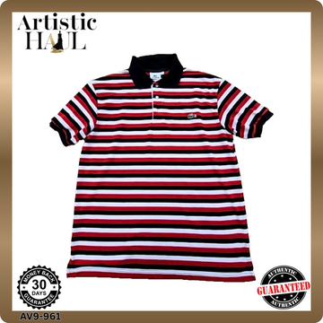 Lacoste XL Short Sleeve Striped Polo Shirt Red Black White Button Men