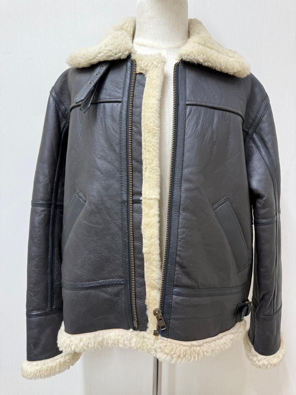 Men's Italian Sheepskin Leather Bomber Jacket Black Premium Soft Fur Asian Size L