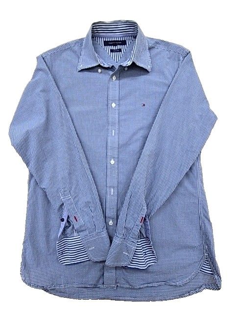 Tommy Hilfiger Men's Blue Gingham Long Sleeve Cotton Shirt Custom Fit Logo