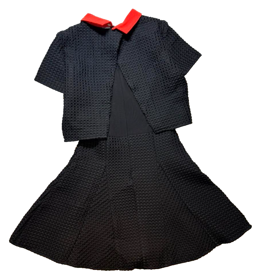 Maje Black Textured Knit Dress With Red Collar Short Sleeve Fit & Flare - Size 3