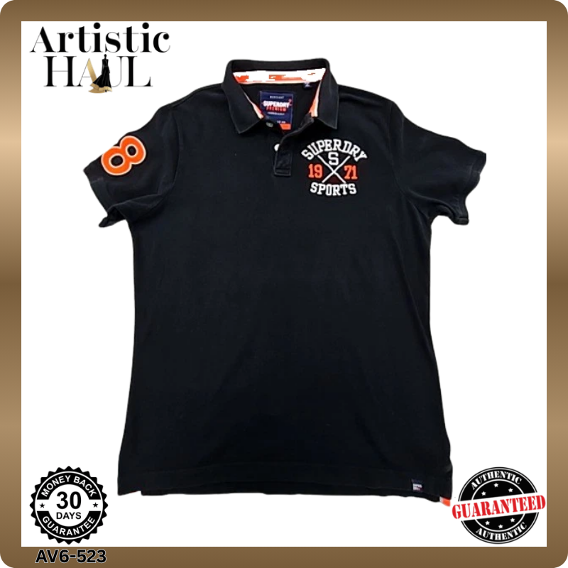 Superdry Black Men's XXL Short Sleeve Polo Shirt Orange Accents