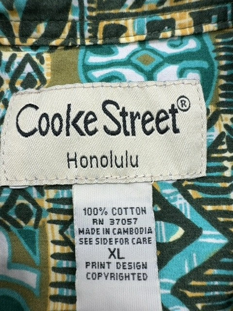 Cooke Street Men's Green Teal Gold Hawaiian XL Vintage