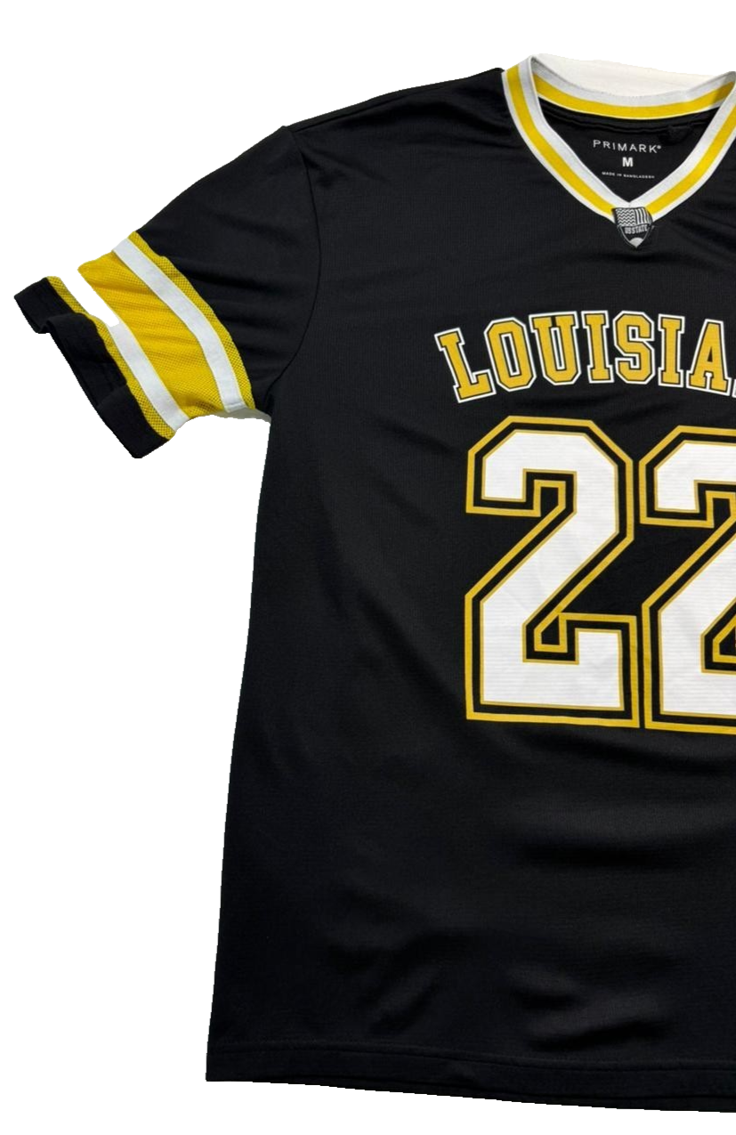 Primark Men's Black Louisiana 22 Soccer Jersey Yellow White Stripes V-Neck S/M