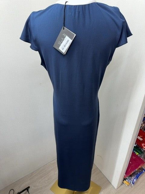 Area Stars Navy V-Neck Midi Dress L Side Tie Women Short Sleeve