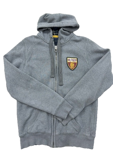 Tommy Hilfiger Grey Zip Hoodie S Vintage Fit Embroidered Patch Cotton Poly