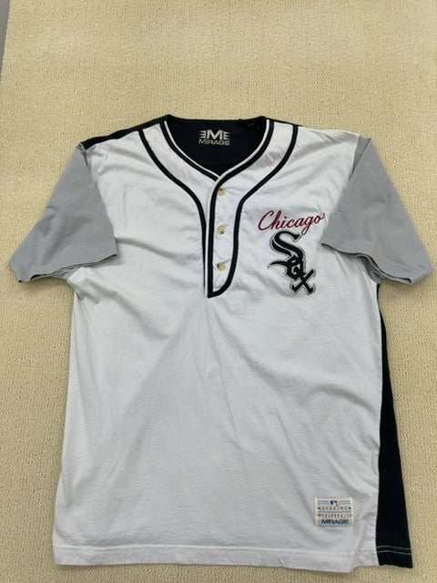 Mirage Men's White Pinstripe Baseball Jersey Size M V-Neck Button Front