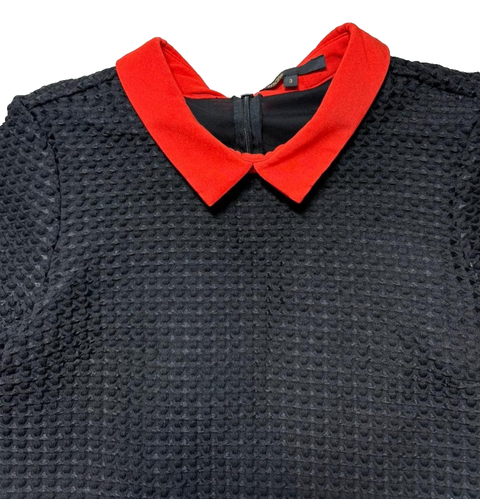 Maje Black Textured Knit Dress With Red Collar Short Sleeve Fit & Flare - Size 3