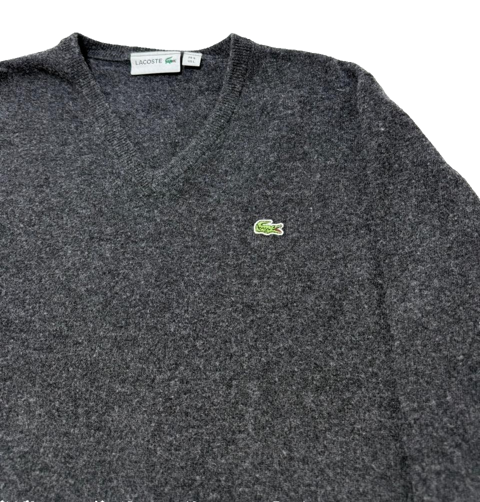 Lacoste Grey Knitted V-Neck Sweater - Size L