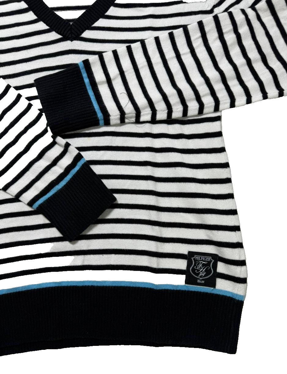 Tommy Hilfiger V-Neck Striped Pullover Sweater Black/White Women's Size L