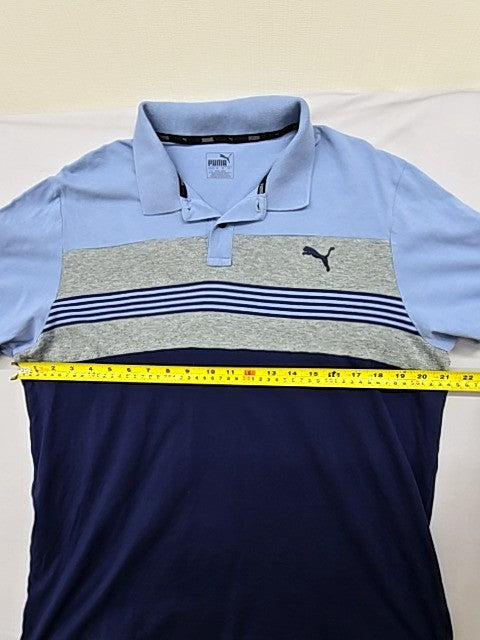 Puma Men's Striped Color Blocked Polo Shirt L Blue Navy Gray Short Sleeve