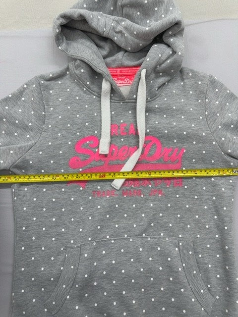 Superdry Vintage Gray Polka Dot Hoodie L Drawstring Pink Logo Unisex