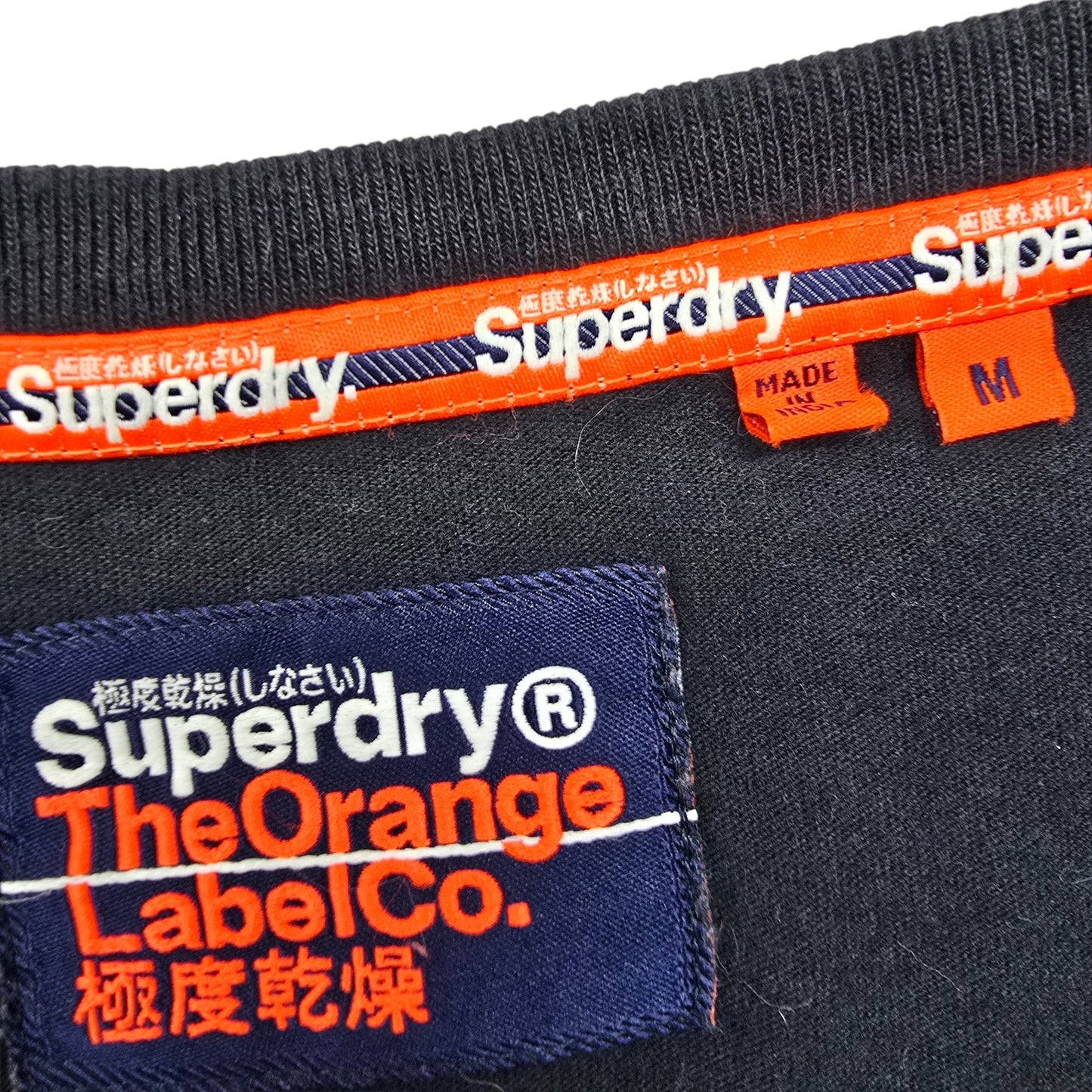 Superdry Men's Navy V-Neck Cotton T-Shirt Size M Orange Trim