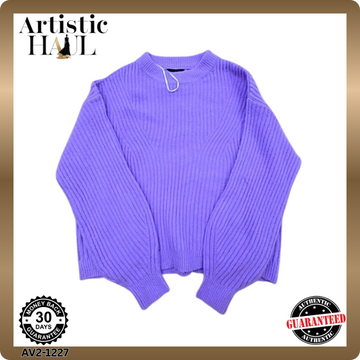 Pieces XS Women's Purple Ribbed Knit Crew Balloon Sleeve Sweater