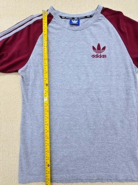 Adidas Grey Raglan Cotton T-Shirt L Short Sleeve Stripes