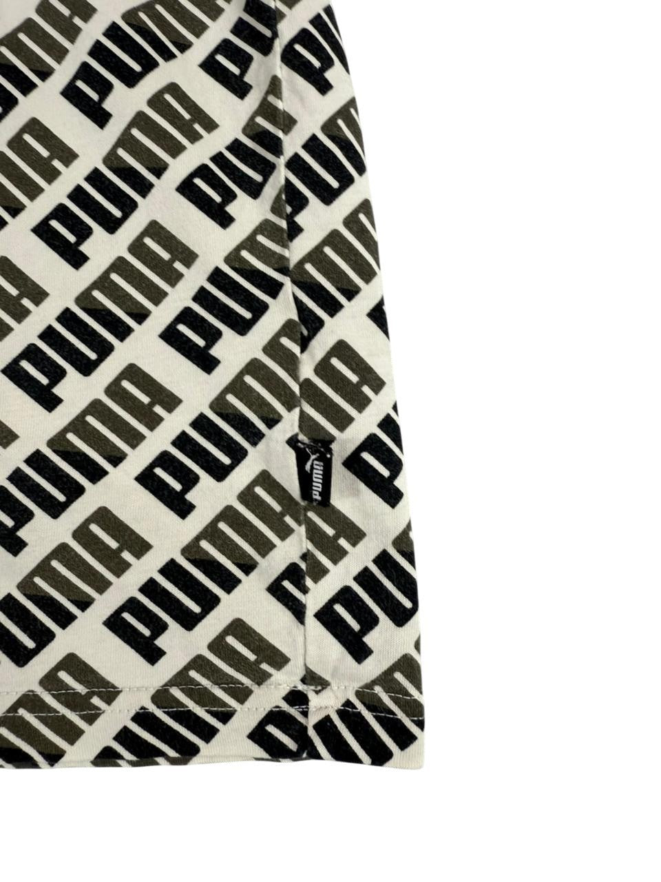 Puma Men's All Over Logo Print T-Shirt Black White Short Sleeve US Large Tag Fade