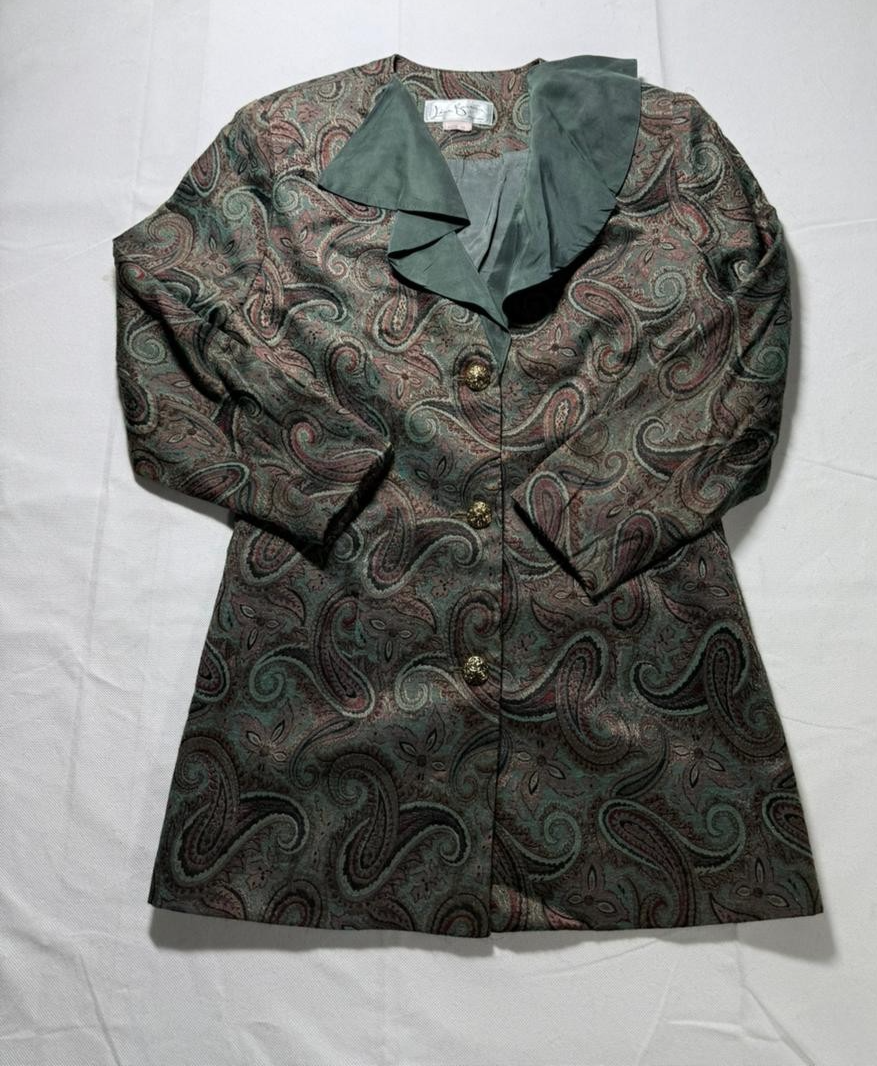 Vintage Paisley Printed Set Top And Skirt Green Brown Retro Women's Size 12