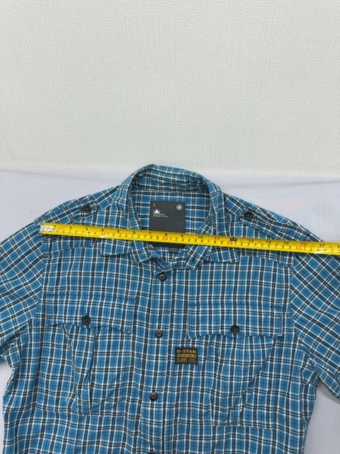 G-Star Women's Blue Check Short Sleeve Slim Shirt L Cotton Pockets