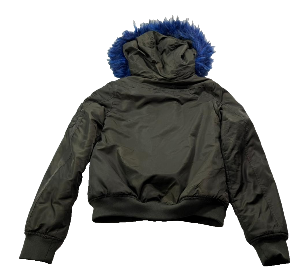 Pimkie Women Olive Green Bomber Parka Jacket Coat Faux Fur Hood Lined Size XS