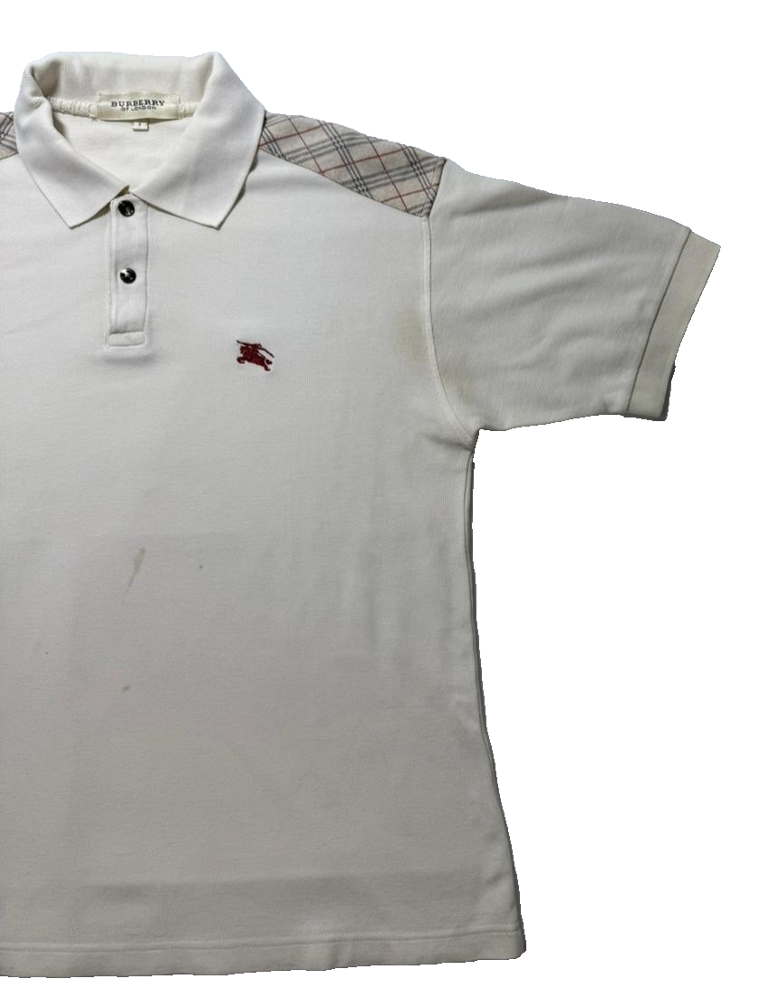 Burberry Of London Polo Shirt White Beige Nova Check Shoulder - Size S