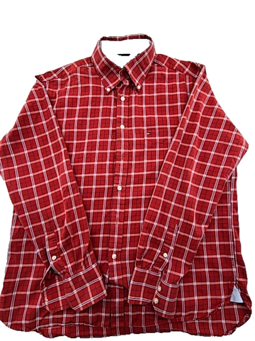 Tommy Hilfiger Men's L Red Plaid Flannel Long Sleeve Button Down