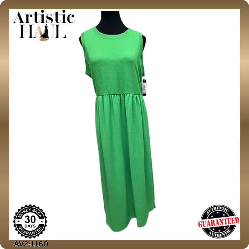 Isaac Mizrahi Green Maxi Dress Sleeveless Crew Neck Ruched Waist L