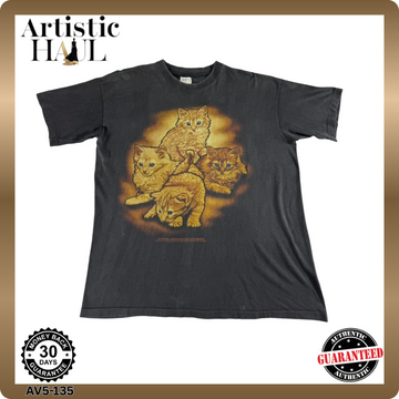 Men's Graphic Cat TShirt Black Faded Vintage Style Crew Neck Medium Tag Faded