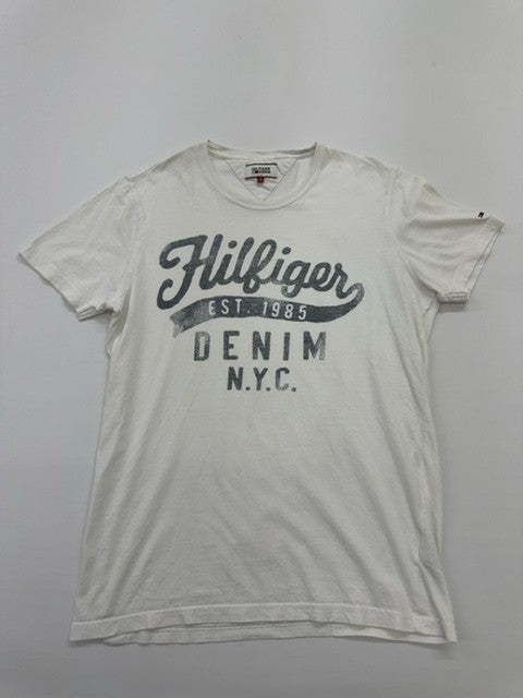 Hilfiger Denim Men White Logo Graphic T-Shirt Size L Regular Fit