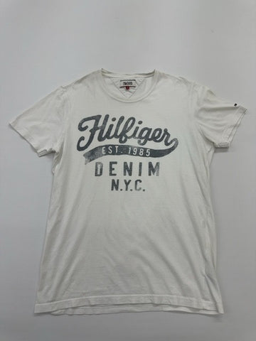 Hilfiger Denim Men White Logo Graphic T-Shirt Size L Regular Fit