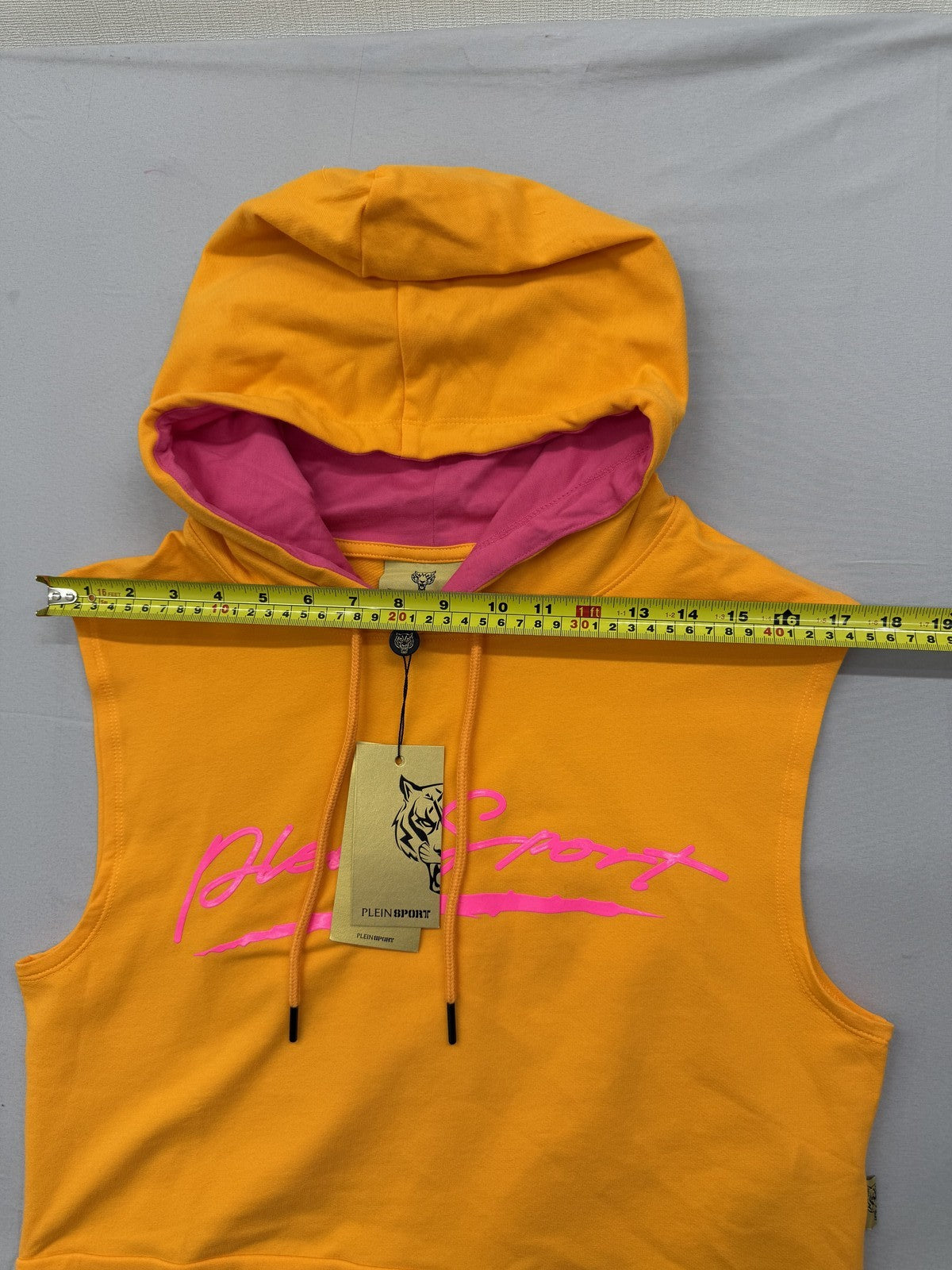 Plein Sport Orange Sleeveless Fleece Hoodie Men's M Prints Logos