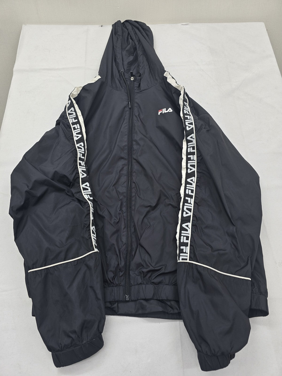 Fila Men's XL Black Hooded Rain Windbreaker White Stripes Zip Pockets