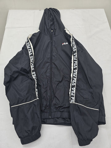 Fila Men's XL Black Hooded Rain Windbreaker White Stripes Zip Pockets