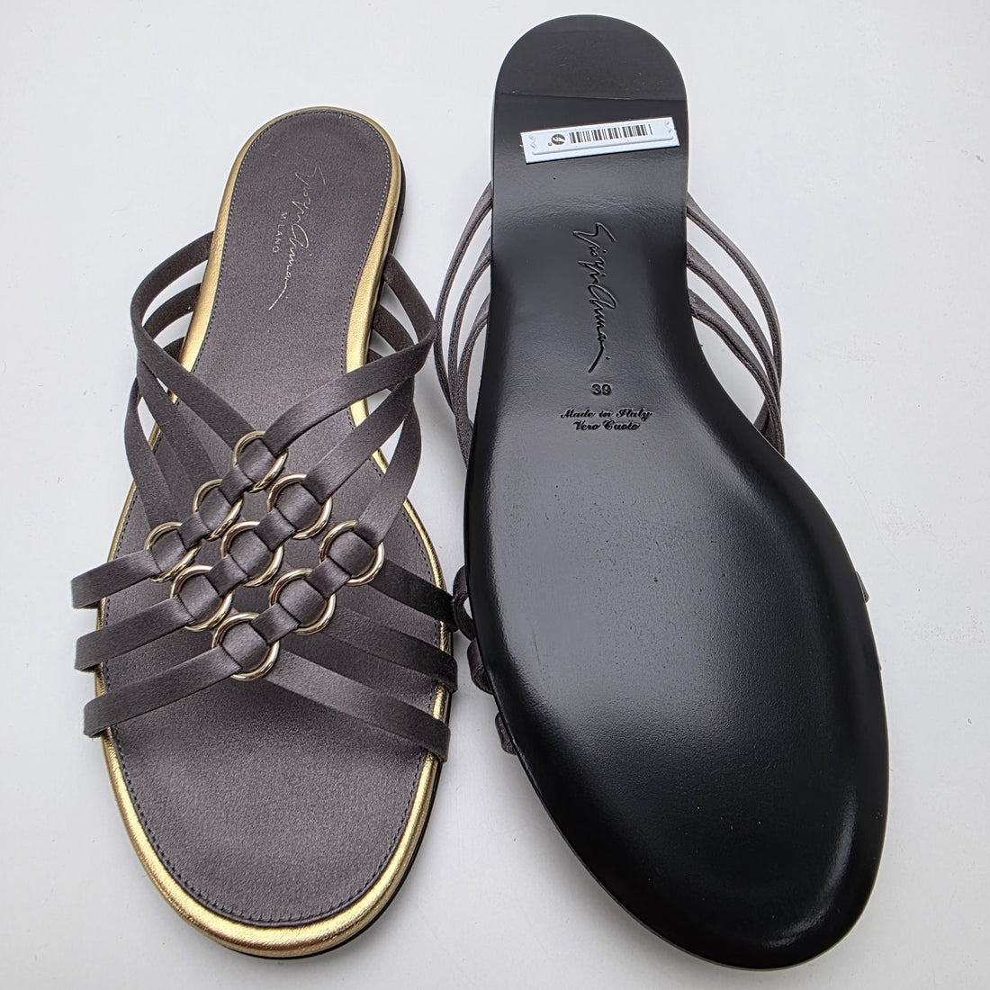 Giorgio Armani Black Leather Golden Trim Flat Sandals With Rings Size 39 BNWT