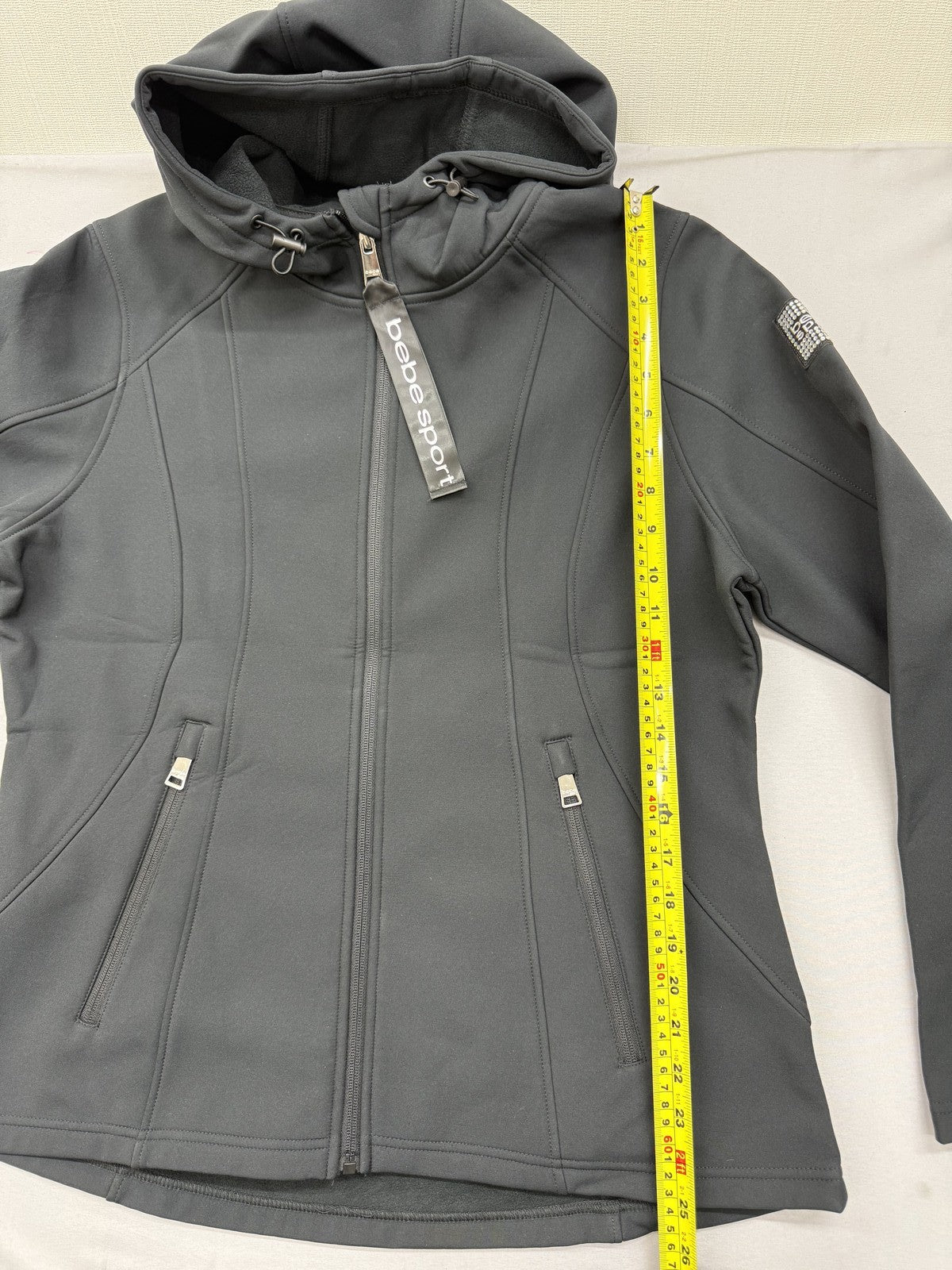 Bebe Sport Hooded Athletic Jacket L Charcoal Gray Tunic Zip Thumb Holes