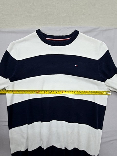 Tommy Hilfiger Unisex Navy Blue White Striped Cotton Crew Sweater XSP