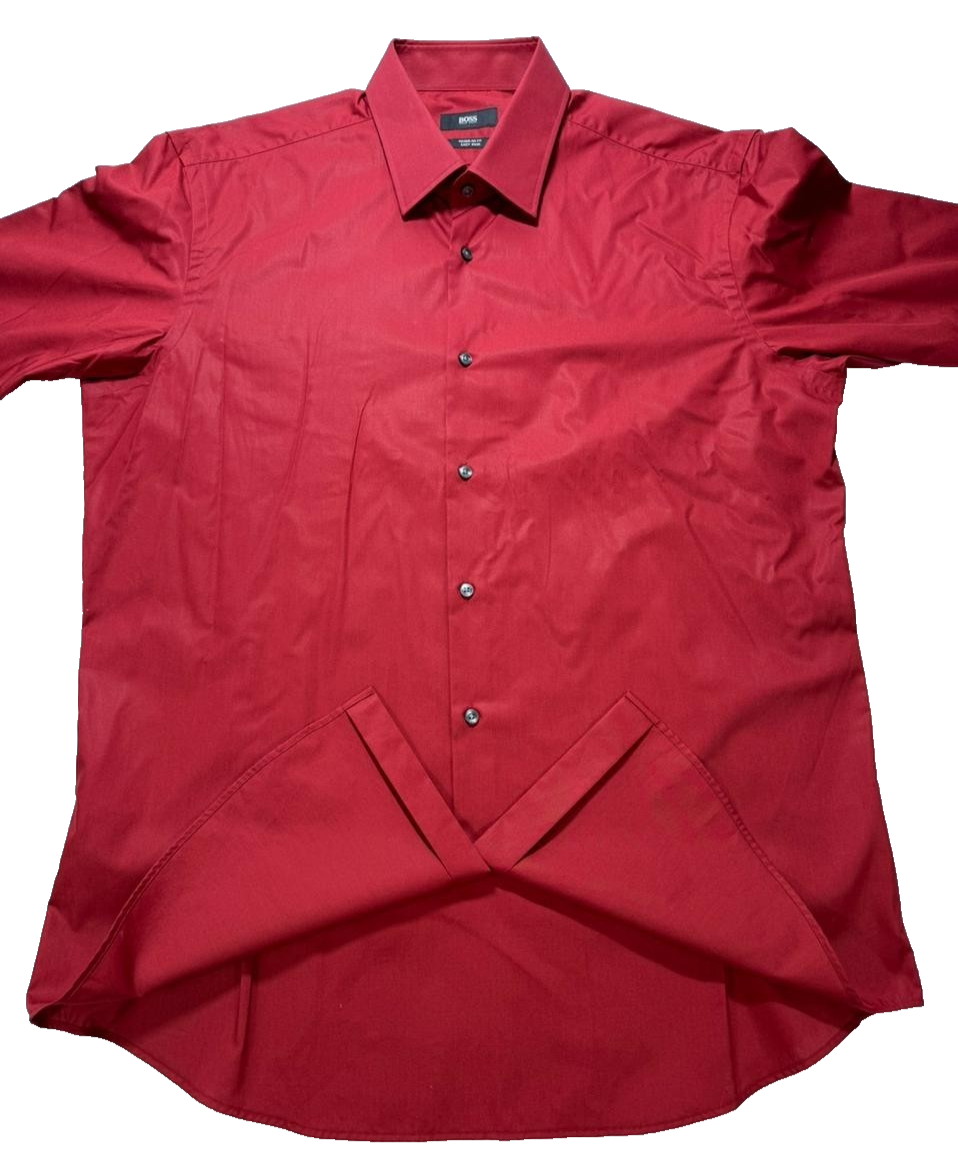 Hugo Boss Men's Shirt Red Regular Fit Easy Iron Size 43 Long Sleeve