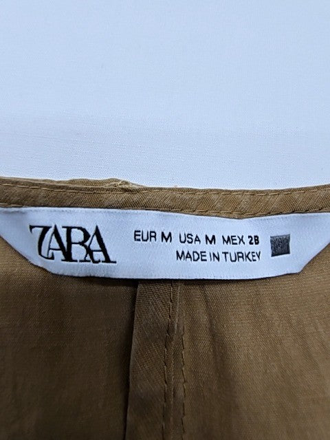 Zara Khaki V-Neck Puffed Sleeve Tiered Knee Dress M