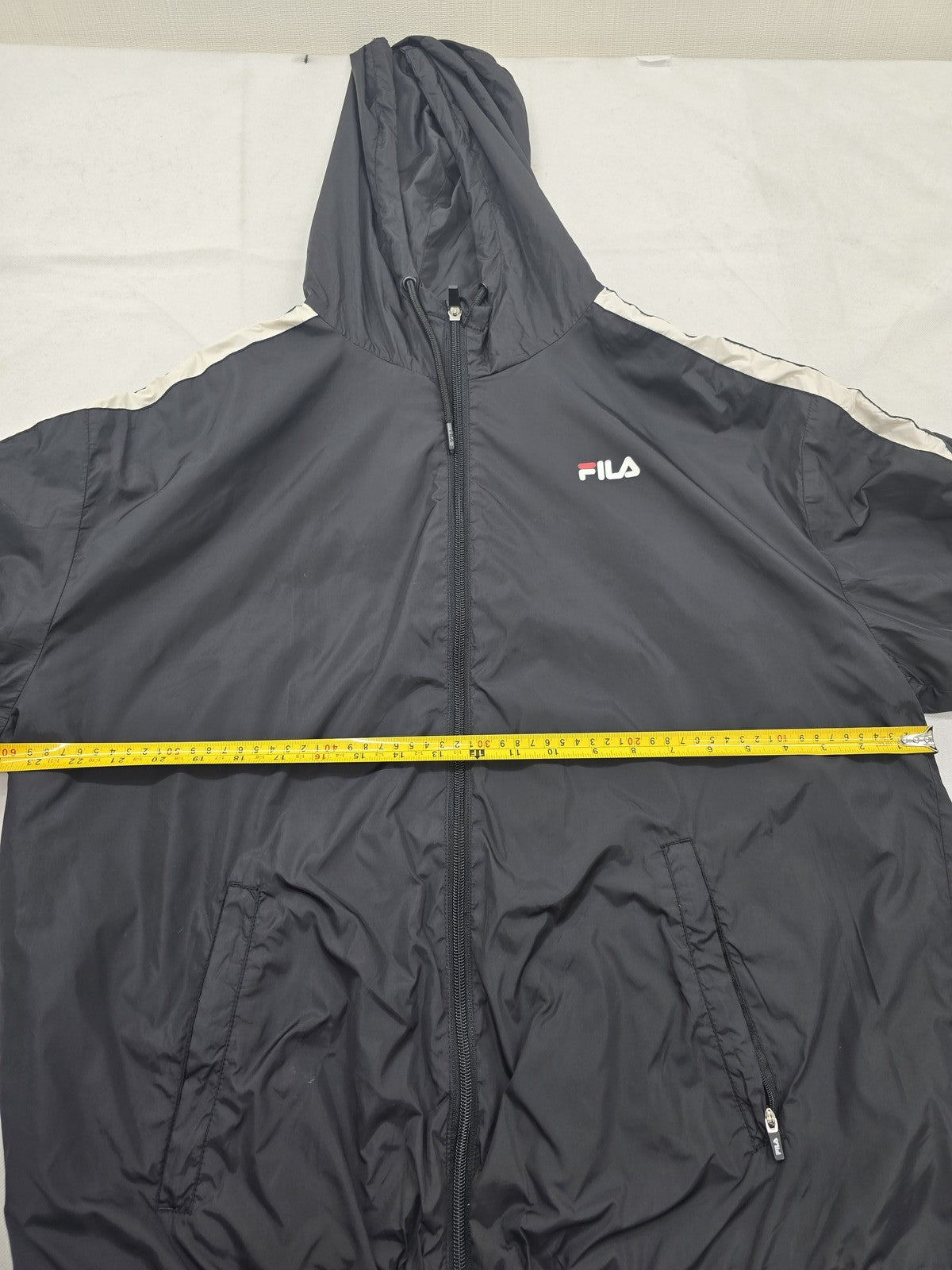 Fila Men's XL Black Hooded Rain Windbreaker White Stripes Zip Pockets