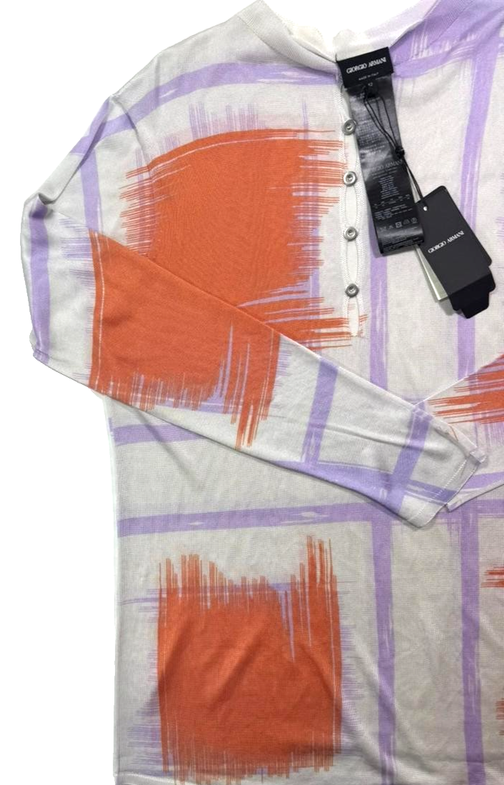 BNWT Giorgio Armani Orange Purple Grid Print Jersey Button V-Neck - Size 42