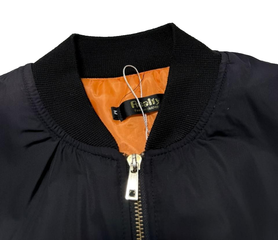 Classic Black Bomber Jacket Orange Lining Full Zip Pockets - Size M