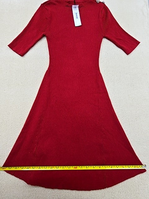 Karl Lagerfeld Red Midi Mock Neck Dress L Rib Knit Cut Out Logo