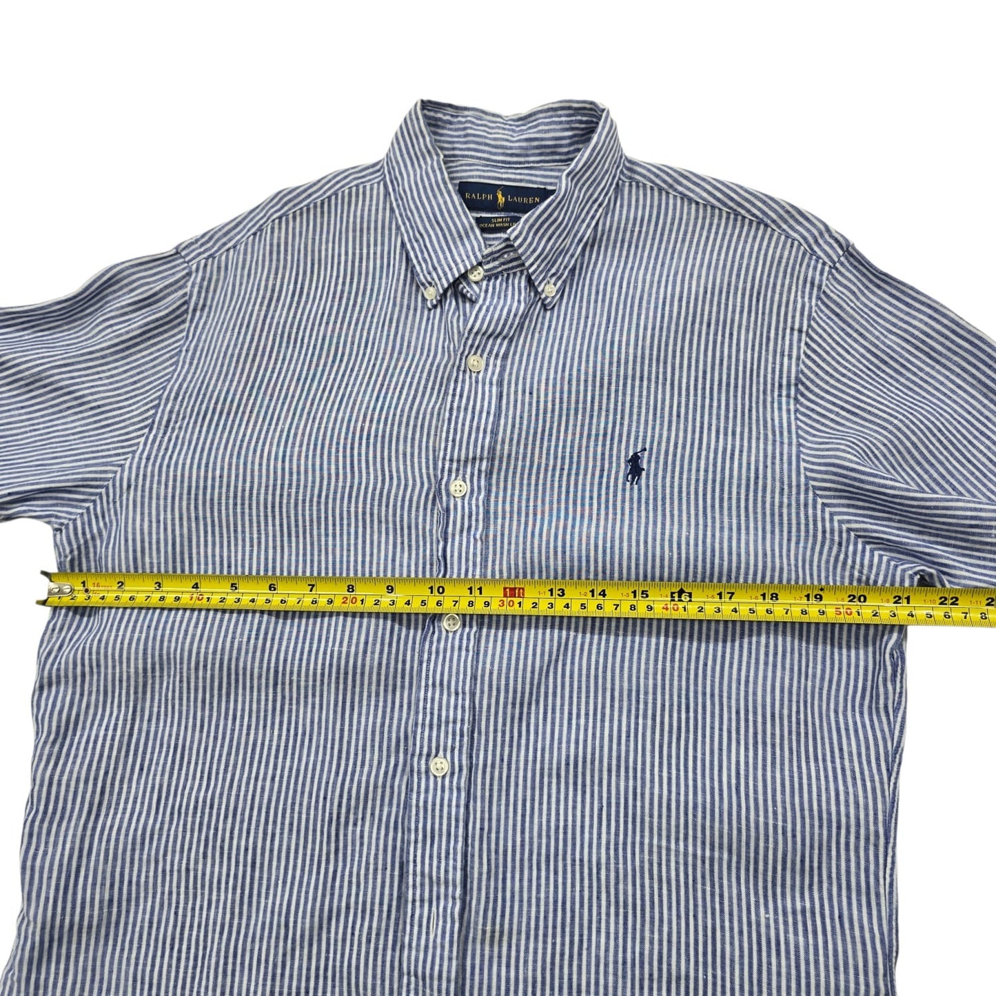 RALPH LAUREN Men's Blue White Striped Linen Shirt L Slim Fit