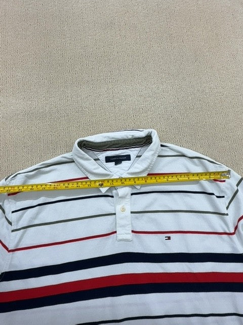 Tommy Hilfiger Men's Striped Polo Shirt Size M Flag Embroidery White/Navy