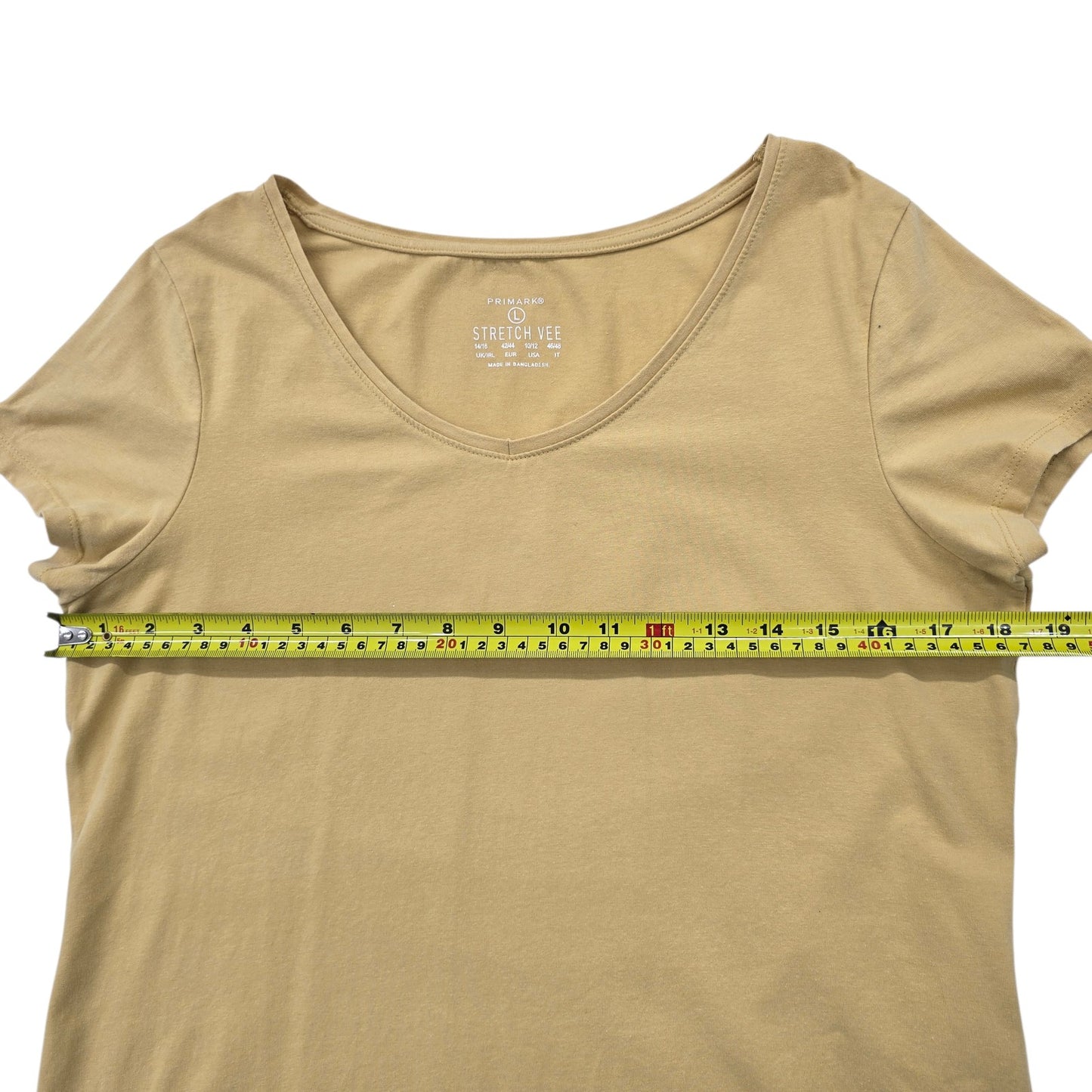 Primark Women's Yellow V-Neck Stretch T-Shirt Size 10/12 Short Sleeve
