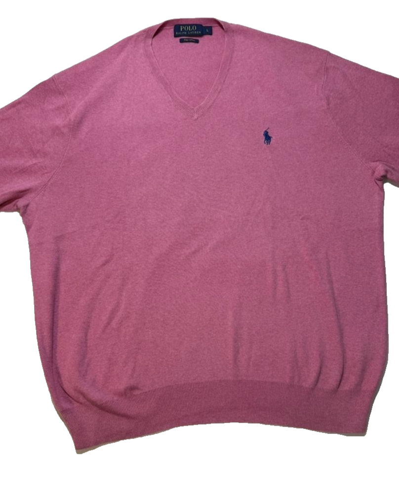 Polo Ralph Lauren Men's Pink V-Neck 100% Pima Cotton Knit Sweater Pullover L