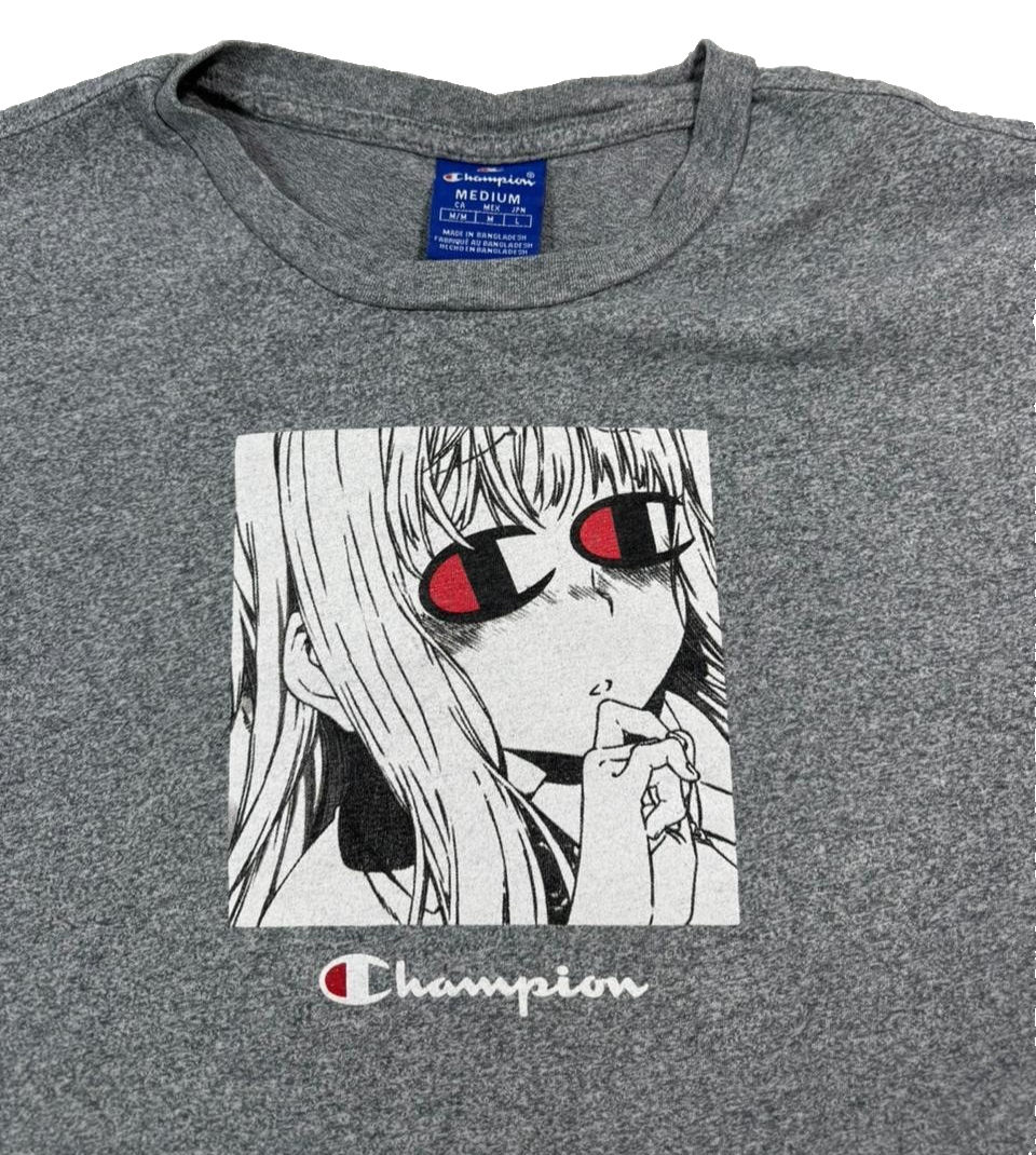 Gray Champion Crewneck T-Shirt With An Anime Graphic Print - Size M