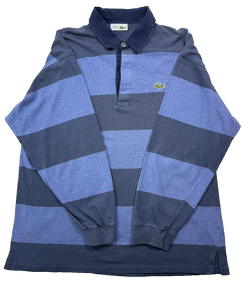 Vintage Lacoste Long-Sleeved Striped Polo Shirt In Blue And Navy Cotton - Size L