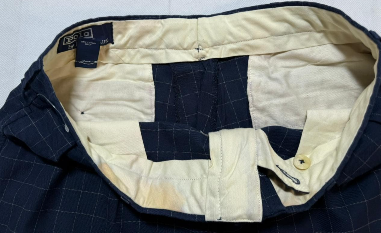 Vintage Polo Ralph Lauren Navy Blue Cotton Windowpane Pleated Trousers Pant 34